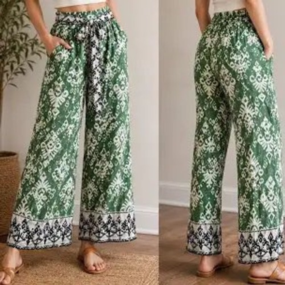 Haute Hippie Style Green Ikat Wide Leg Boho Pants Plus Size 2X Elastic Waist
